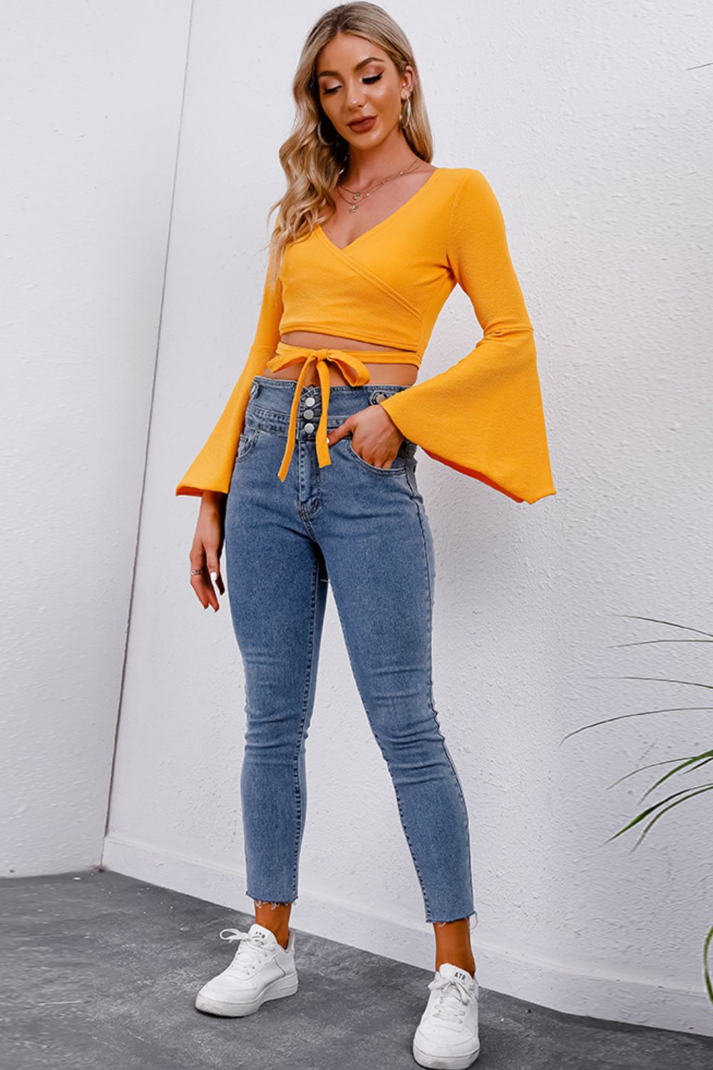 Tie Front Flare Sleeve Cropped Top - The Goddess Galleries