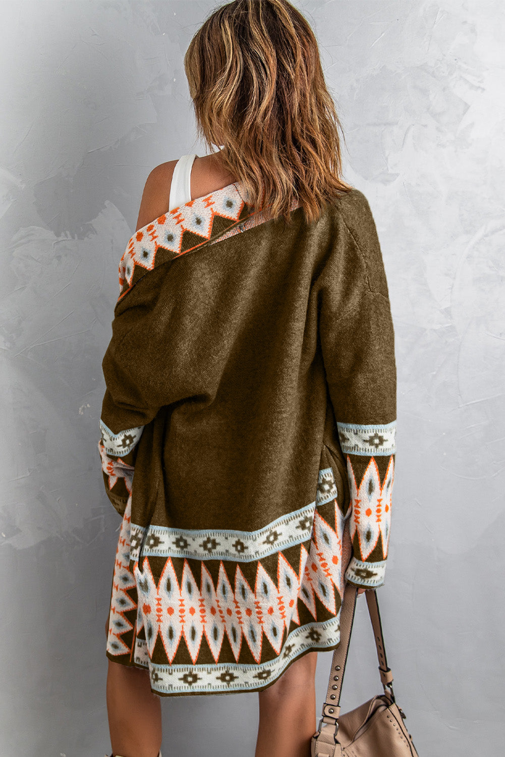 Geometric Open Front Long Sleeve Cardigan - The Goddess Galleries