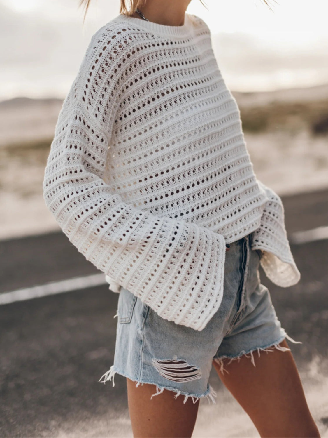 Openwork Round Neck Dropped Shoulder Knit Top - The Goddess Galleries