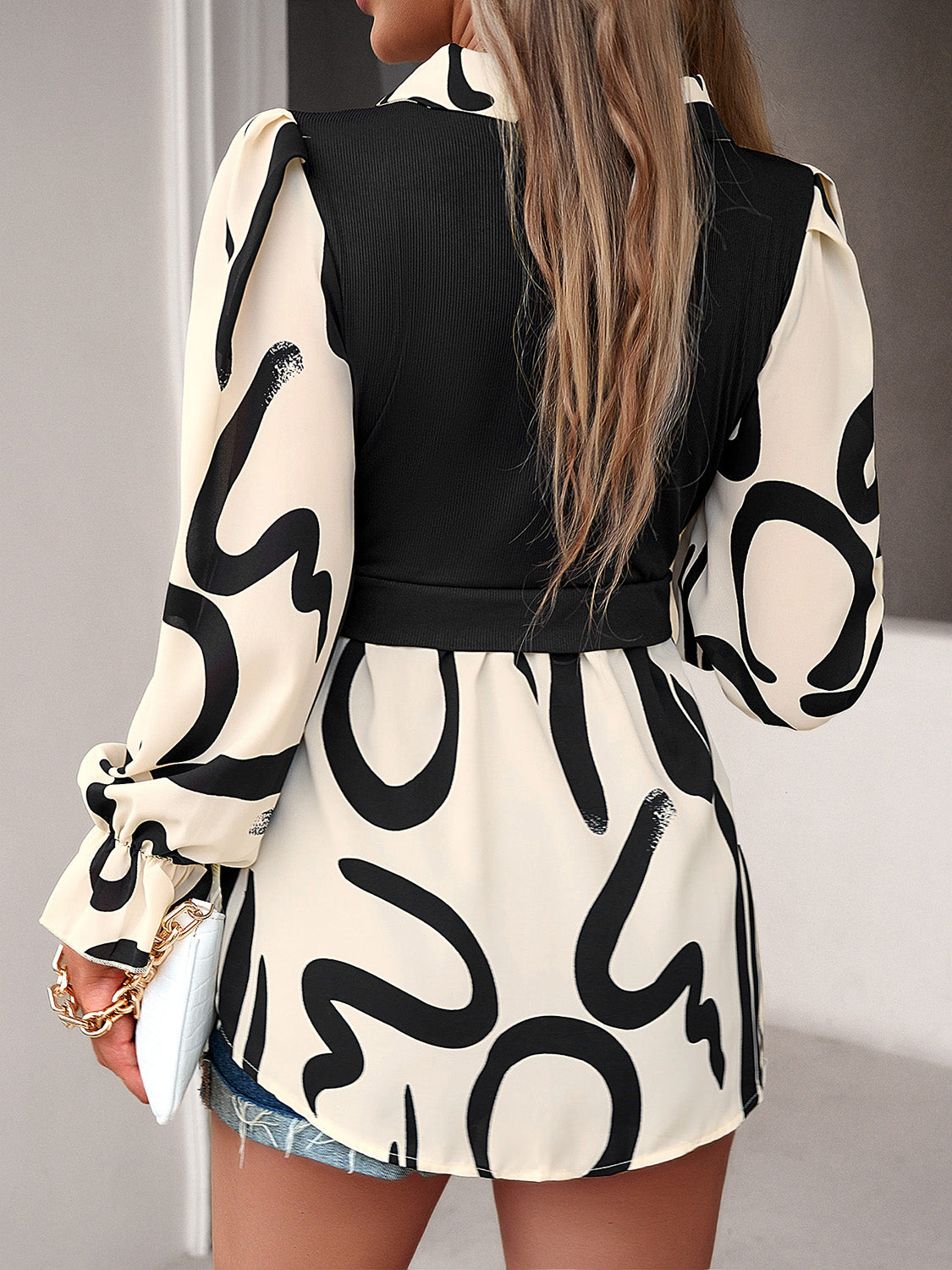 Devine Collared Neck Black And White Color-Contrast Print Long Sleeve Shirt - The Goddess Galleries