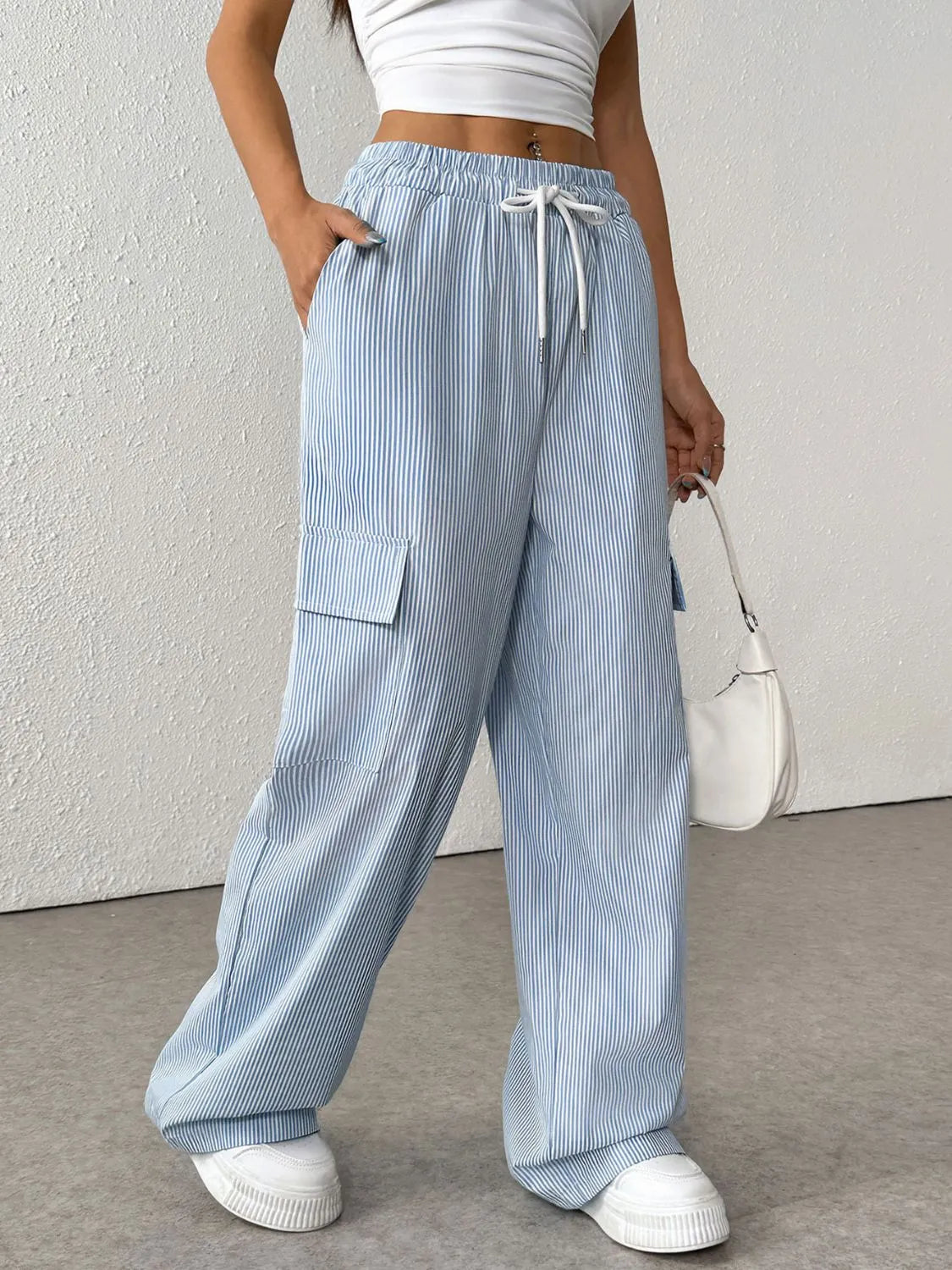 Drawstring Striped Wide Leg Cargo Pants - The Goddess Galleries