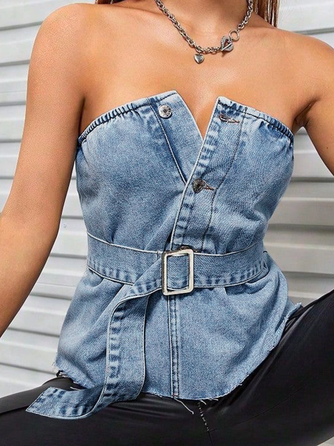 Frayed Hem Button Detail Tube Top - The Goddess Galleries