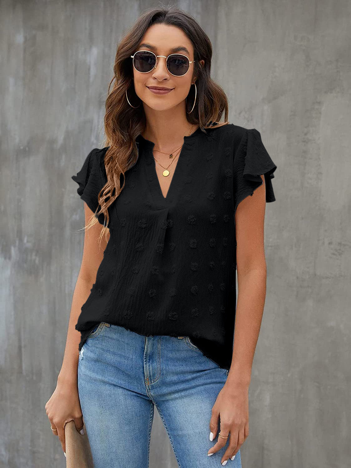 Swiss Dot Notched Flutter Sleeve Blouse - The Goddess Galleries