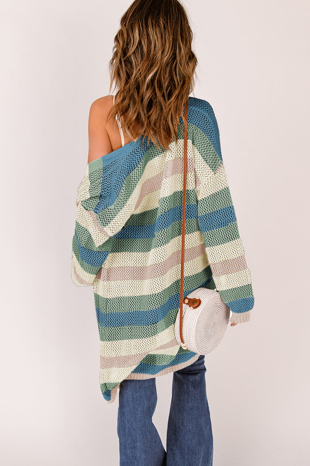 Full Size Striped Long Sleeve Openwork Cardigan - The Goddess Galleries