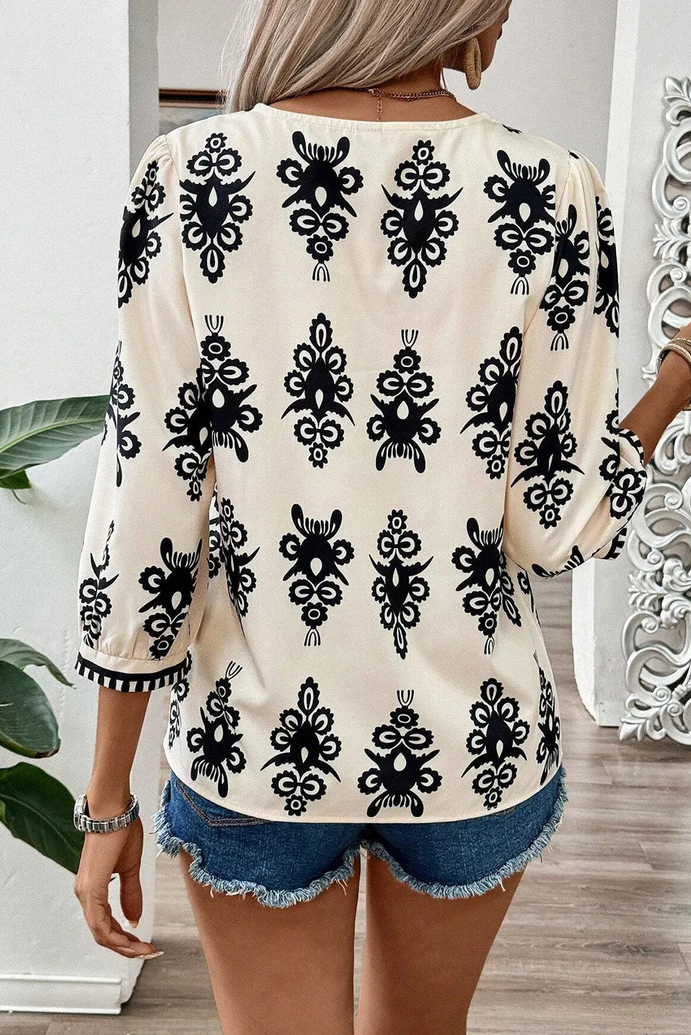 Printed V-Neck Three-Quarter Sleeve Blouse - The Goddess Galleries