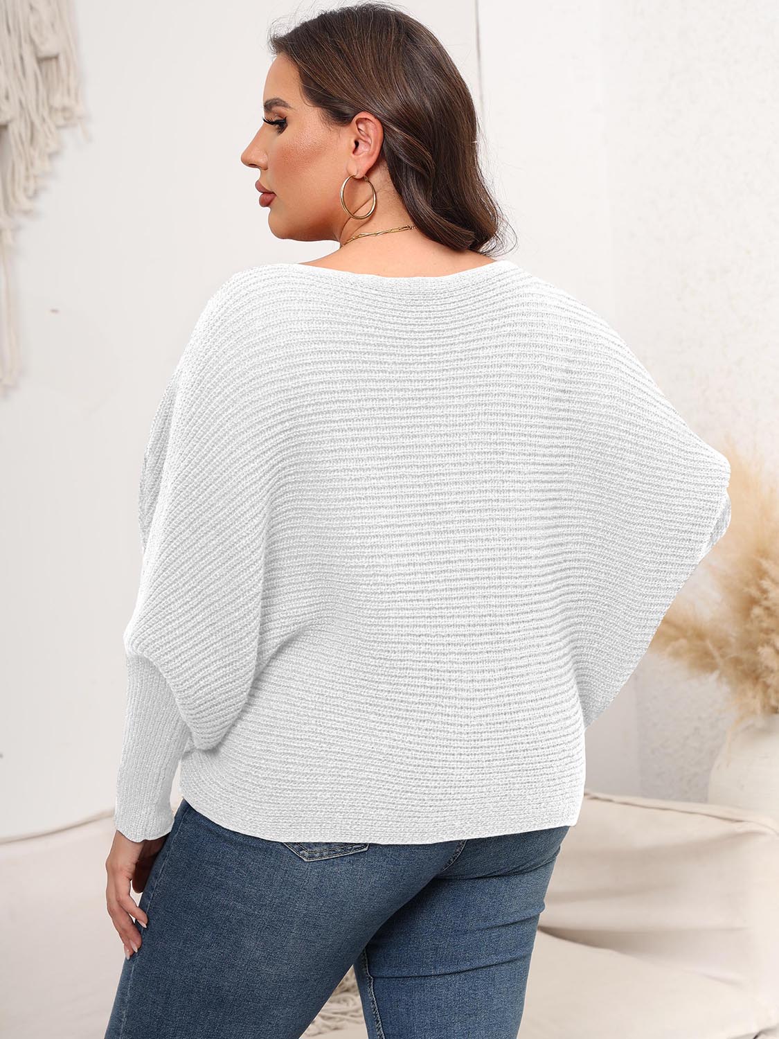 Full Size Boat Neck Batwing Sleeve Sweater - The Goddess Galleries
