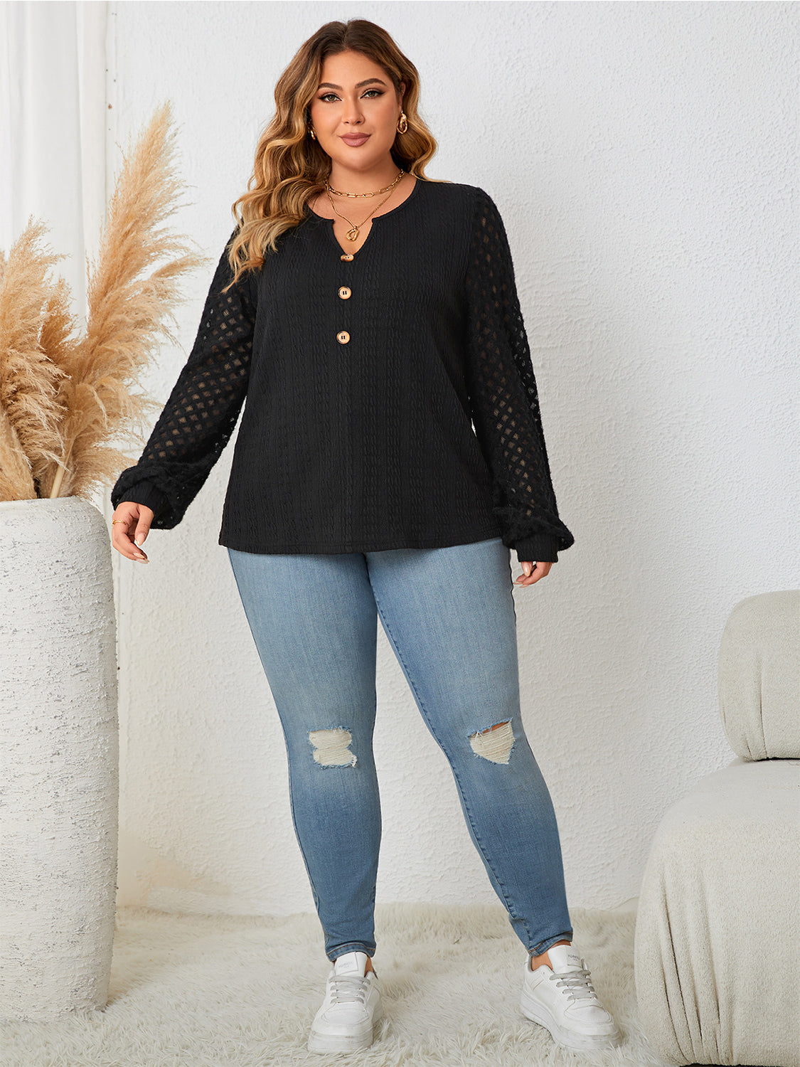 Honey Plus Size Openwork Notched Button Front Blouse - The Goddess Galleries