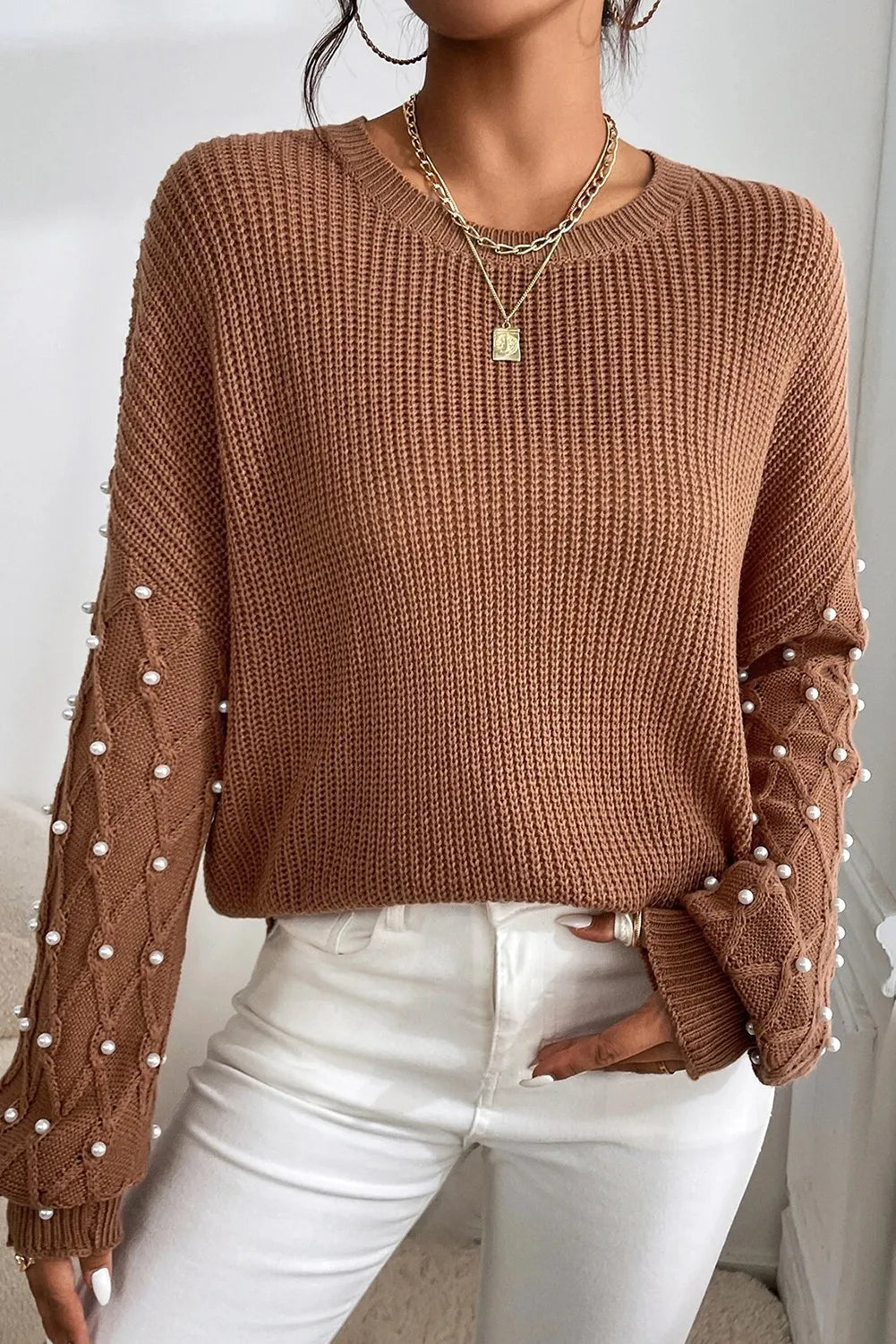 Pearl Detail Round Neck Long Sleeve Sweater - The Goddess Galleries