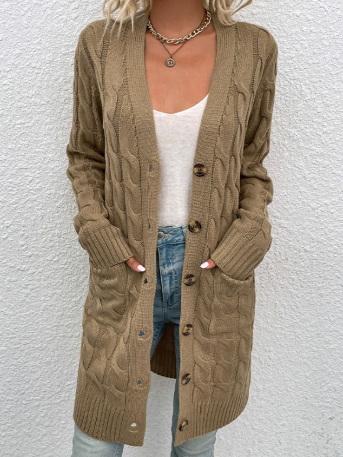 Cable-Knit Button Down Cardigan with Pockets - The Goddess Galleries