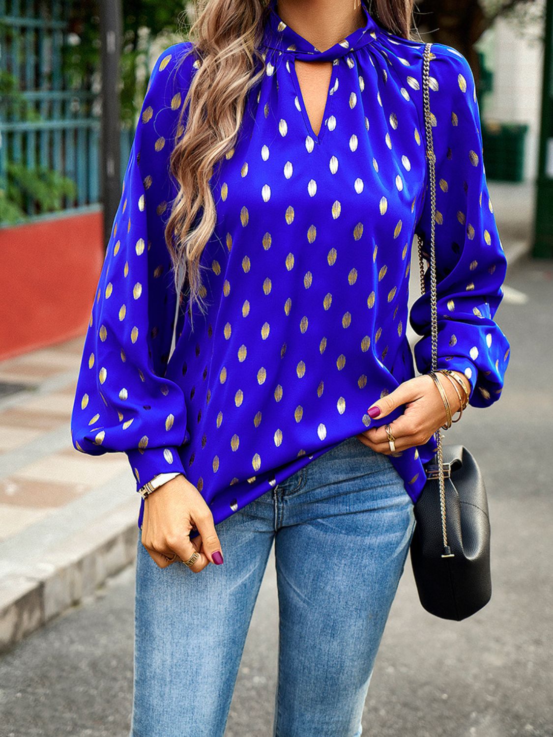 Devine Mock Neck Cutout Lantern Sleeve Blouse - The Goddess Galleries