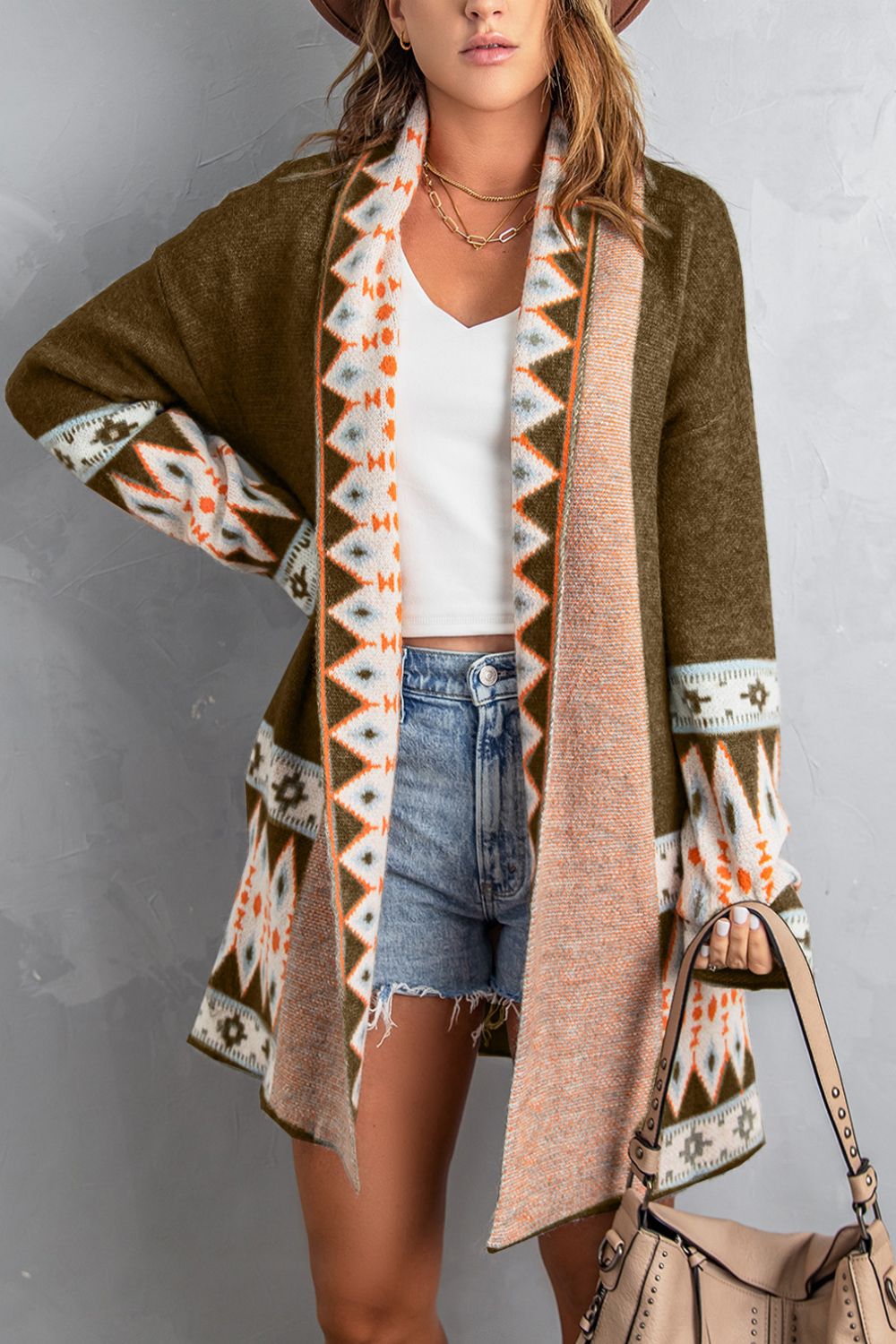 Geometric Open Front Long Sleeve Cardigan - The Goddess Galleries