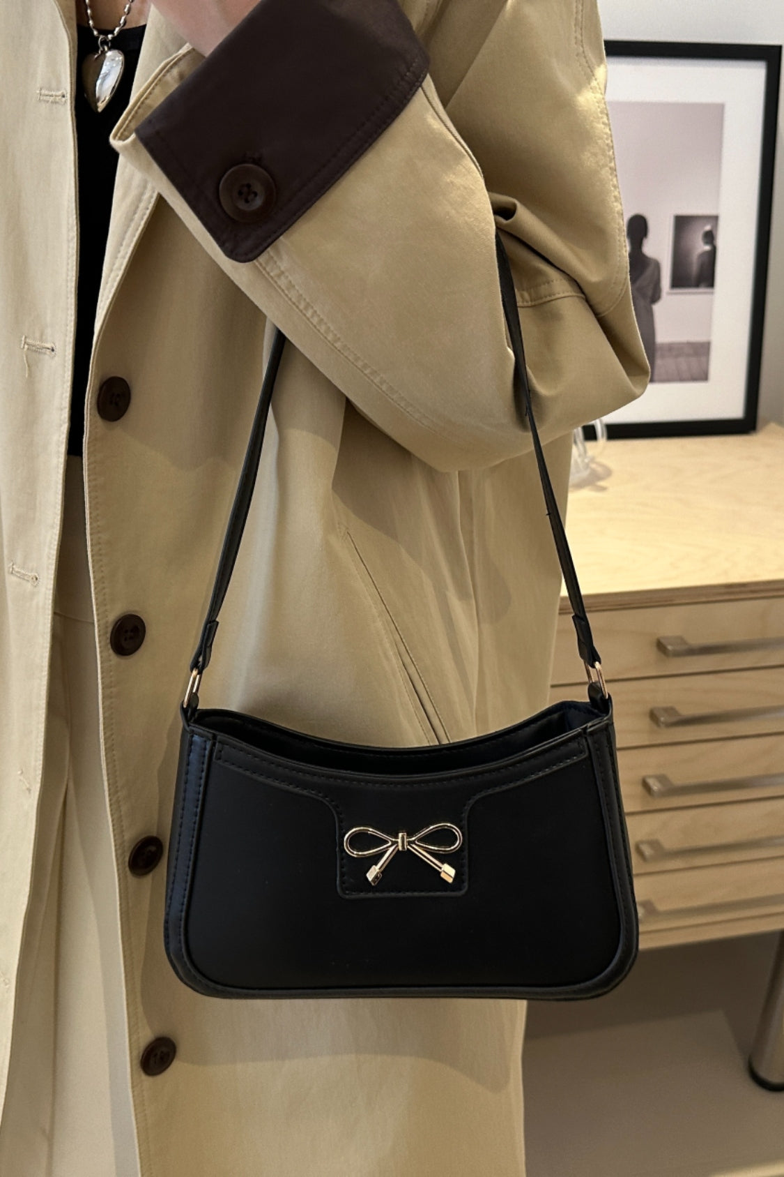 Bow Trim PU Leather Shoulder Bag - The Goddess Galleries