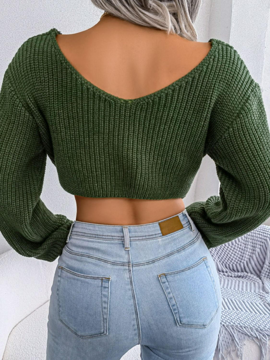 Twisted Front Long Sleeve Cropped Sweater - The Goddess Galleries