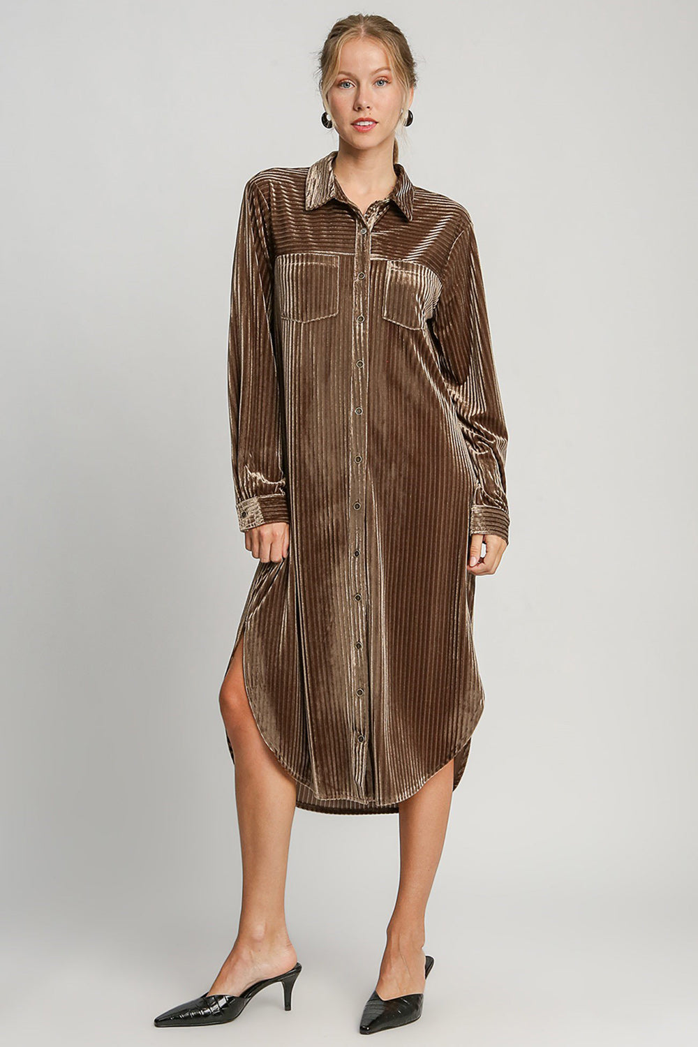Umgee Texture Curved Hem Button Down Shirt Dress - The Goddess Galleries