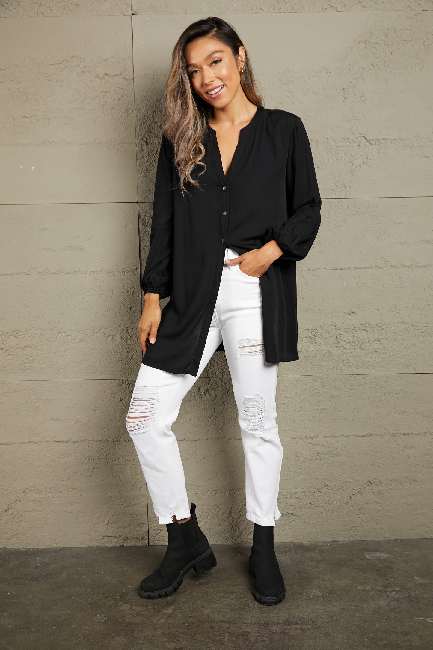 Ivy Lane Notched Neck Balloon Sleeve Shirt - The Goddess Galleries