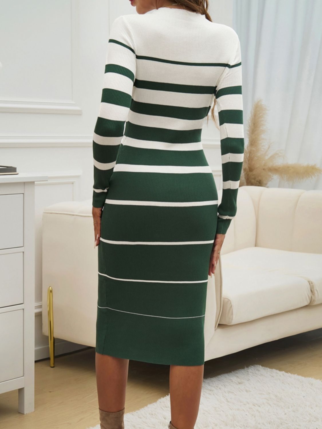 Devine Color Block Round Neck Long Sleeve Midi Dress - The Goddess Galleries