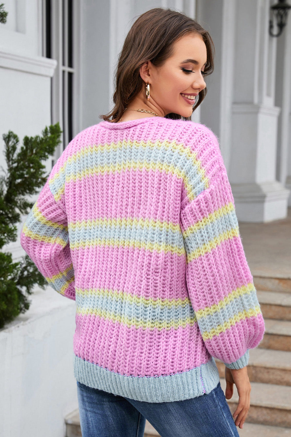 Striped Lantern Sleeve Dropped Shoulder Cardigan - The Goddess Galleries