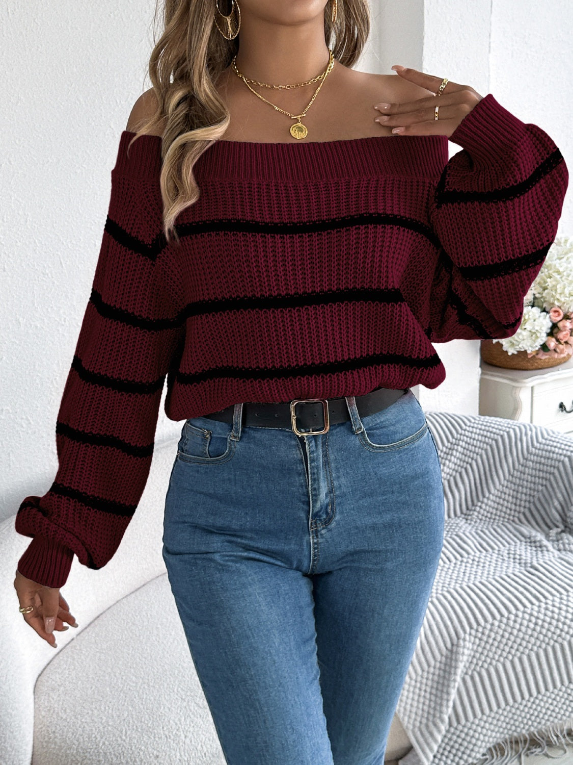 Striped Off-Shoulder Long Sleeve Sweater - The Goddess Galleries