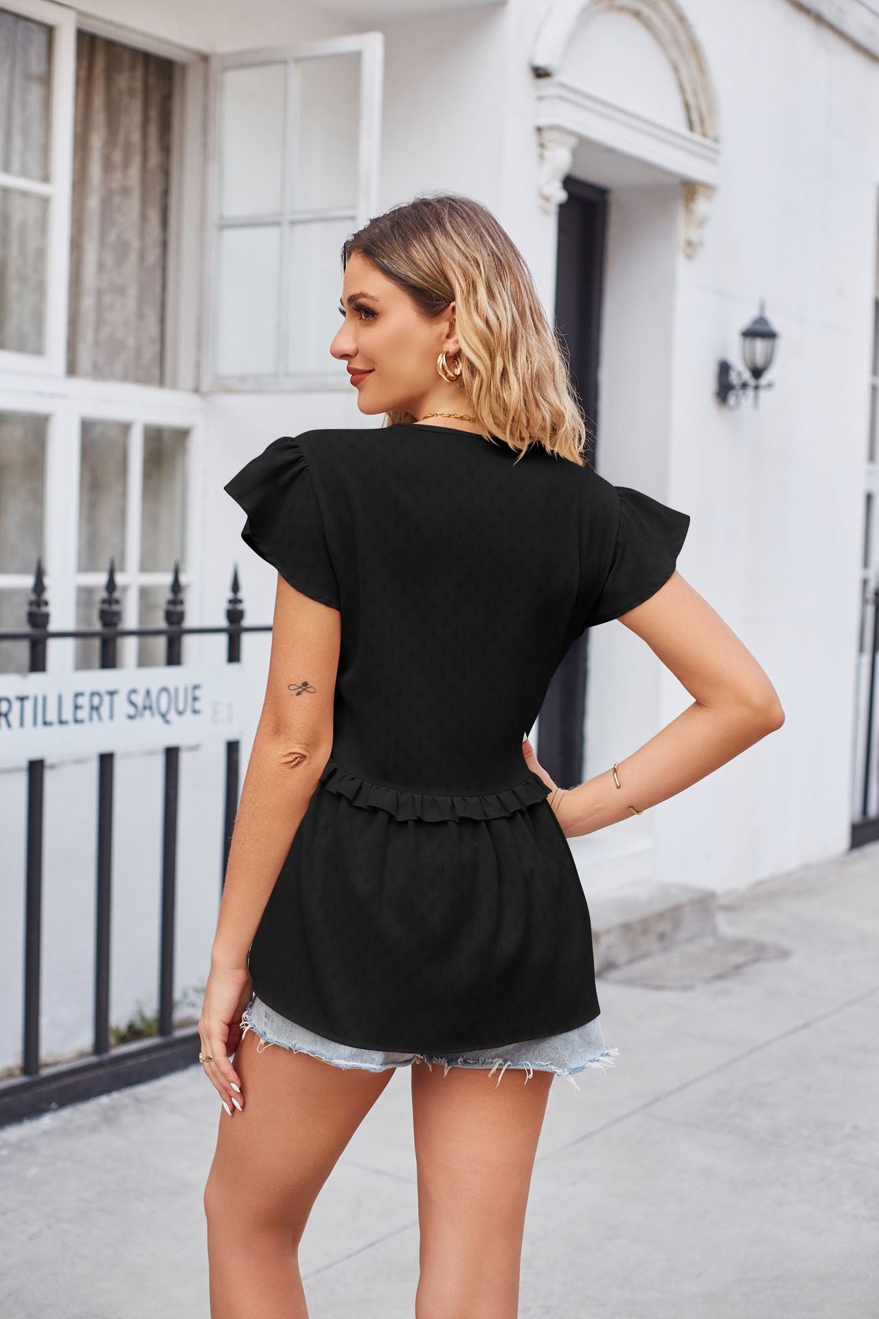 Buttoned V-Neck Ruffle Trim Top - The Goddess Galleries