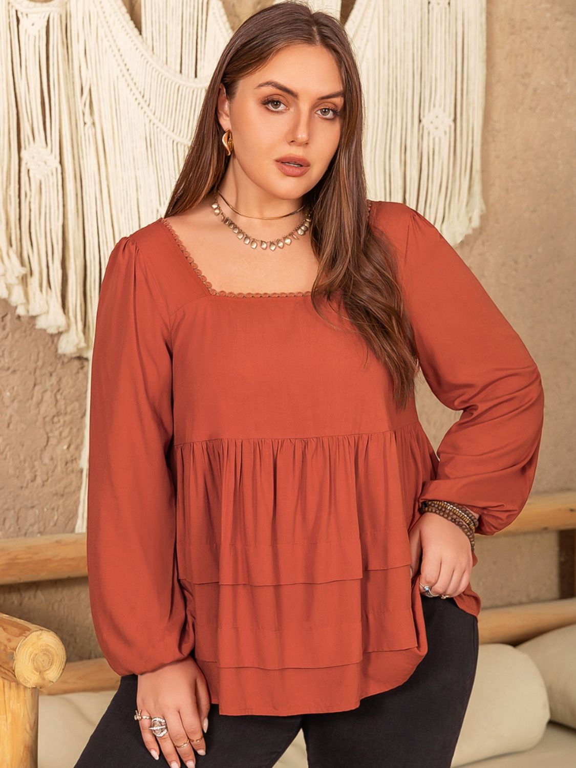 Plus Size Lace Detail Square Neck Long Sleeve Blouse - The Goddess Galleries