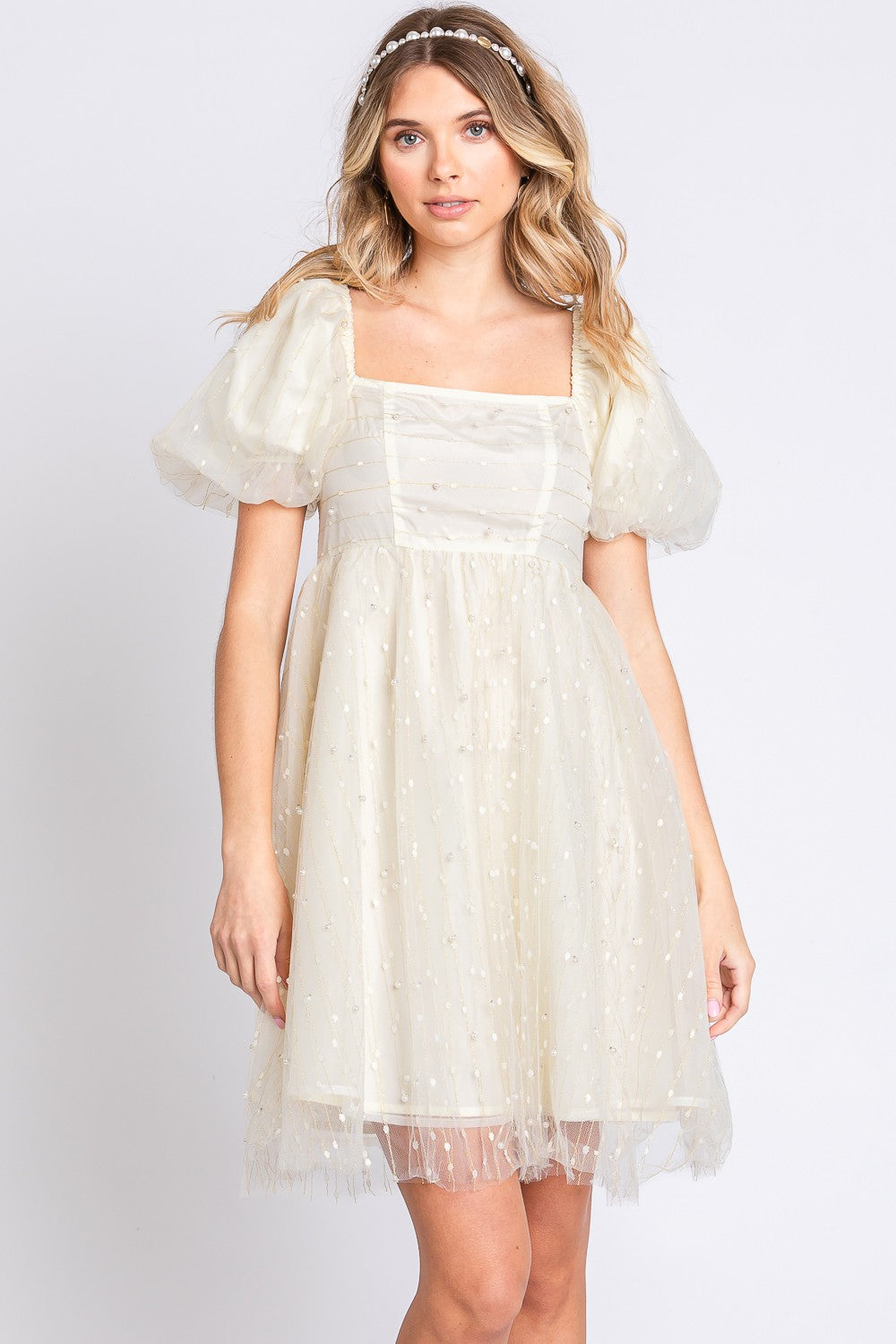 GeeGee Pearl Mesh Puff Sleeve Babydoll Dress - The Goddess Galleries