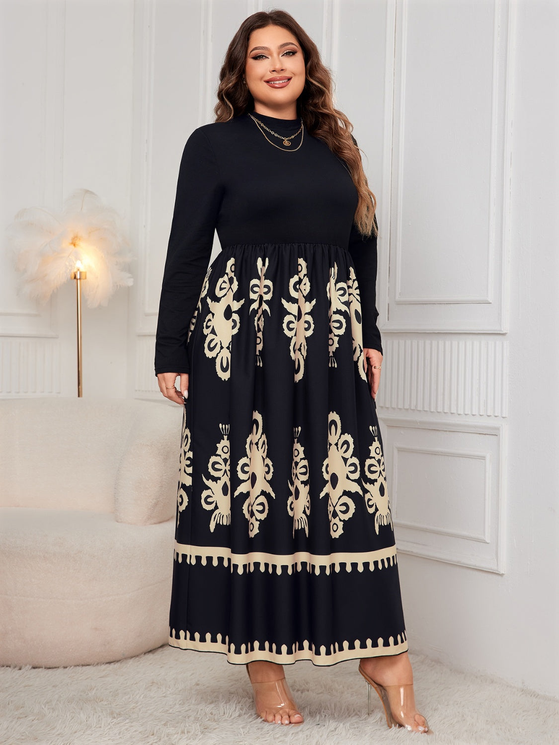 Honey Plus Size Printed Mock Neck Long Sleeve Dress - The Goddess Galleries