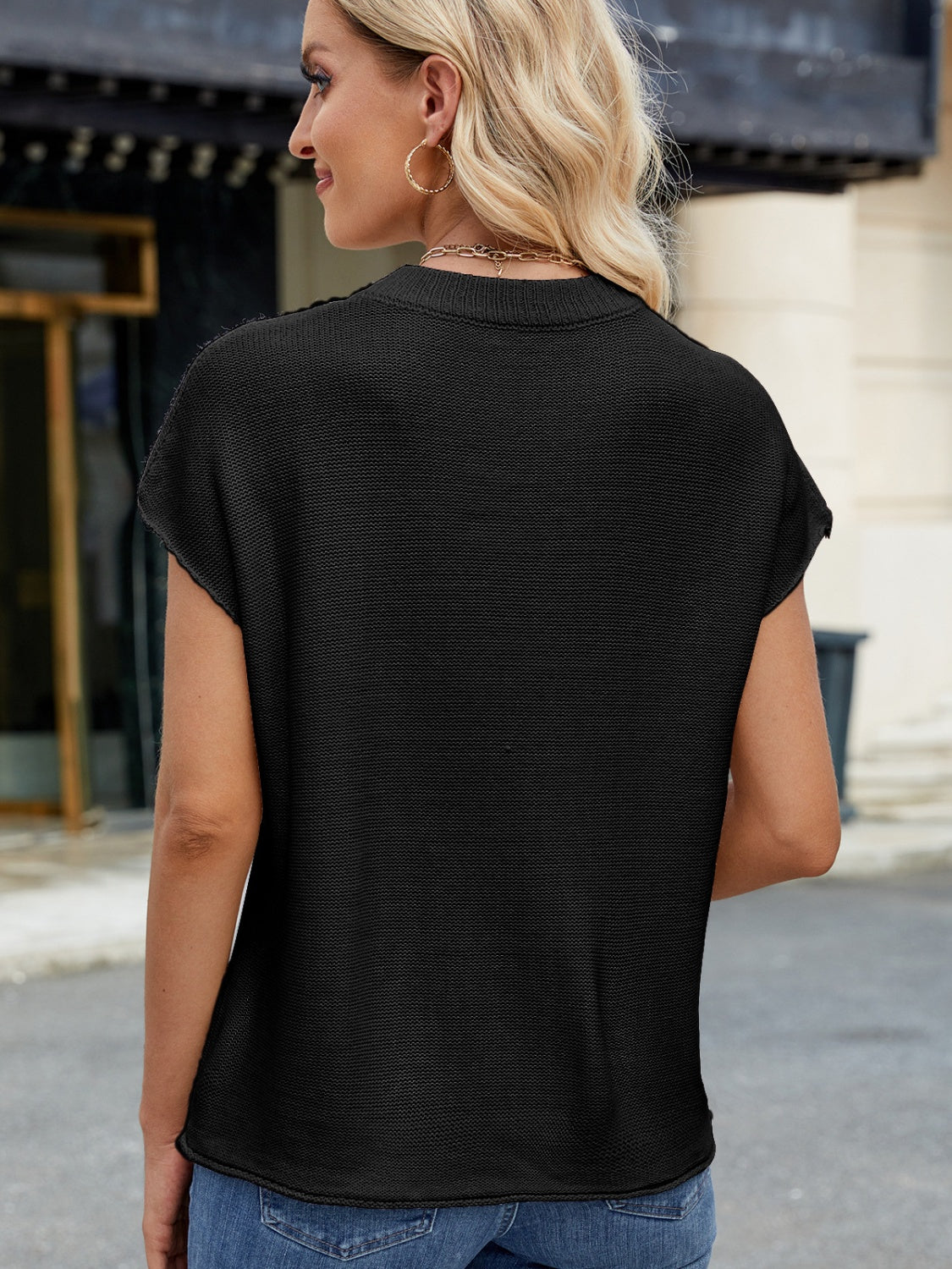 Exposed Seam Round Neck Short Sleeve Sweater - The Goddess Galleries