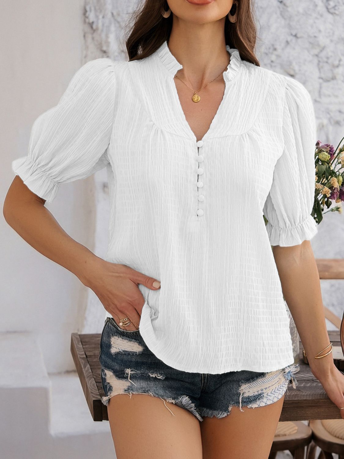 Devine Frill Notched Short Sleeve Blouse - The Goddess Galleries