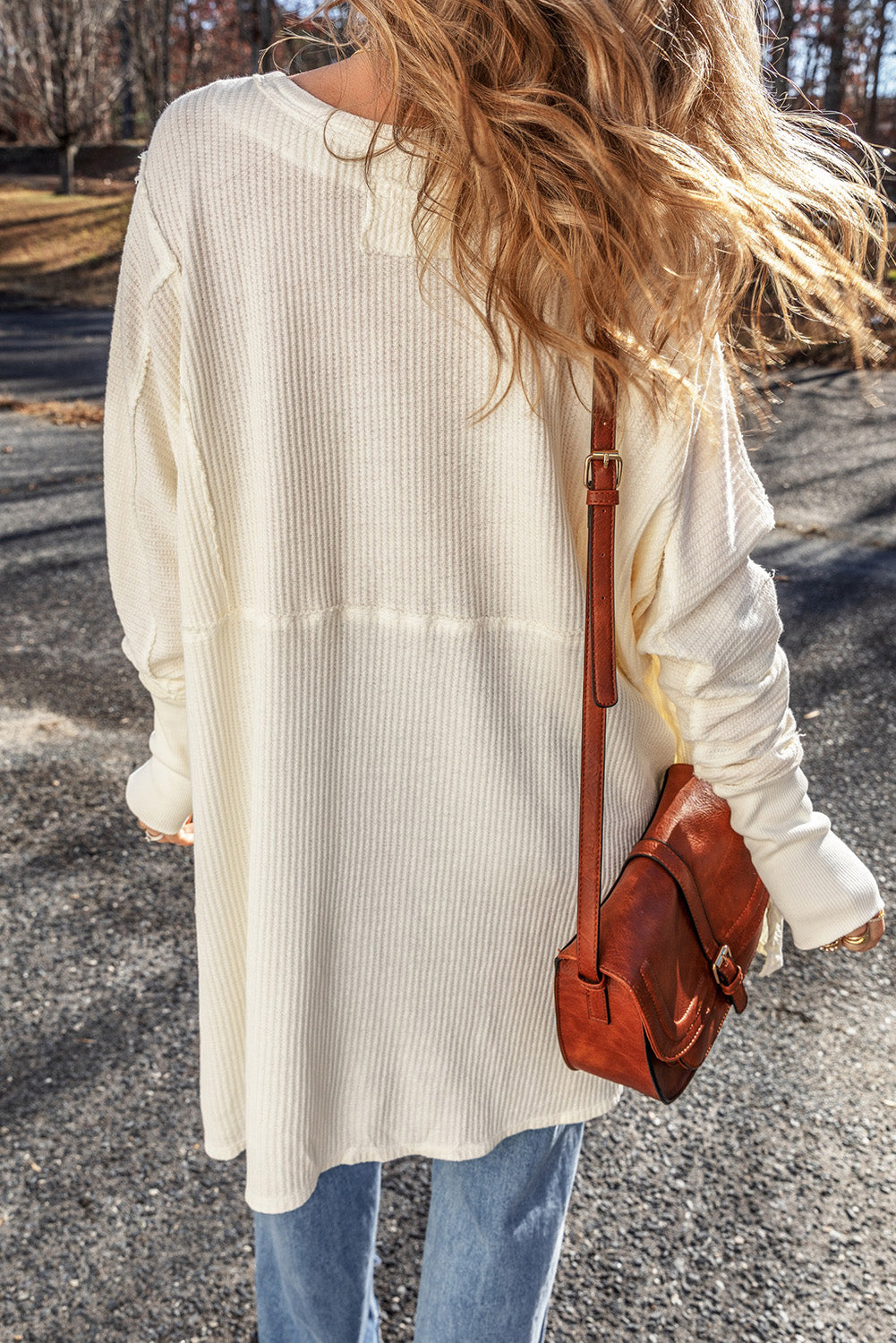 Exposed Seam Round Neck Long Sleeve Blouse - The Goddess Galleries
