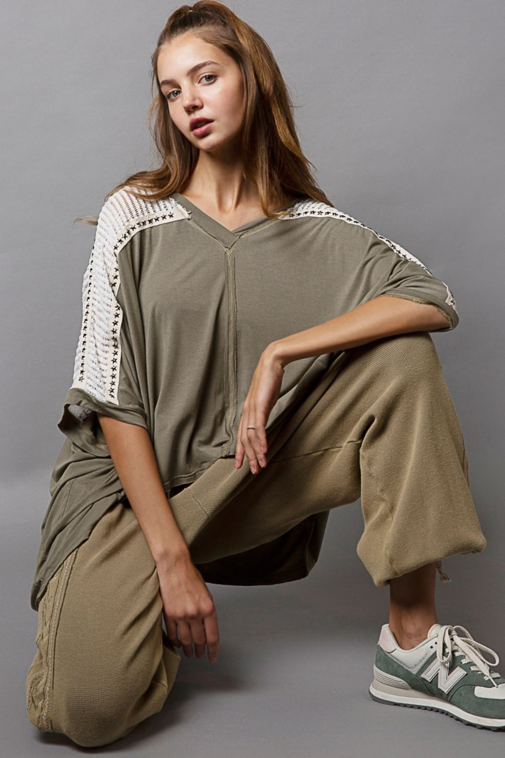 POL Oversize V-Neck Crochet Lace Contrast Studded Top - The Goddess Galleries