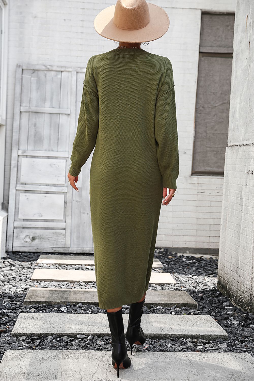 Decorative Button Notched Dropped Shoulder Sweater Dress - The Goddess Galleries