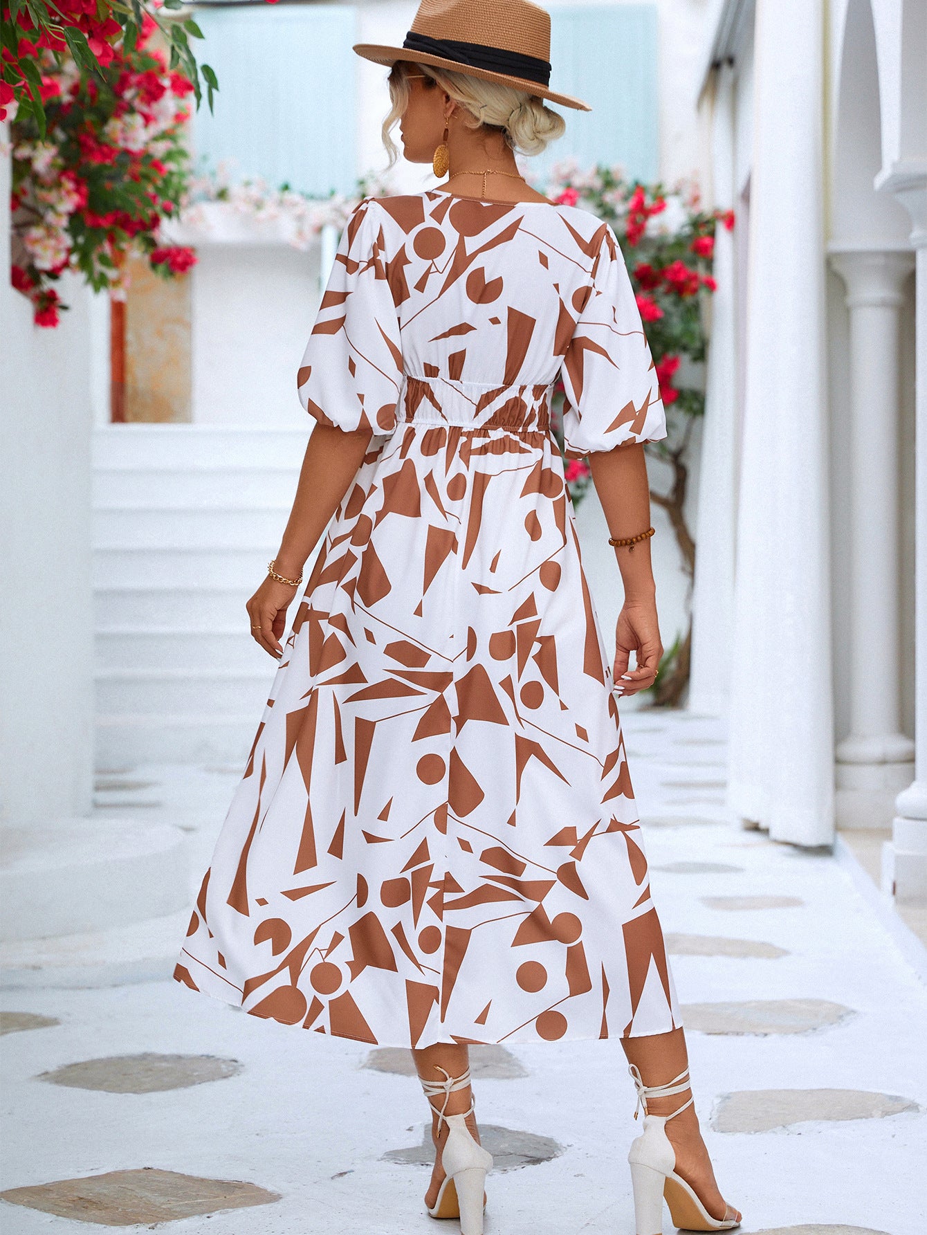 Printed Surplice Balloon Sleeve Dress - The Goddess Galleries