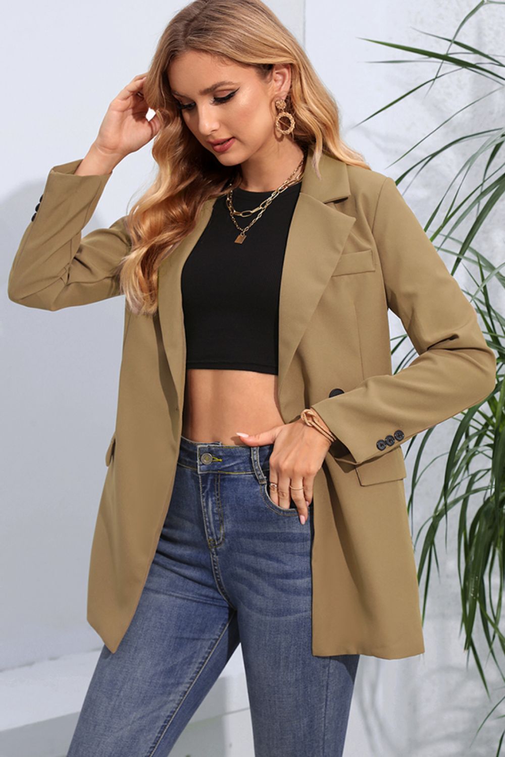 Lapel Neck Long Sleeve Blazer with Pockets - The Goddess Galleries