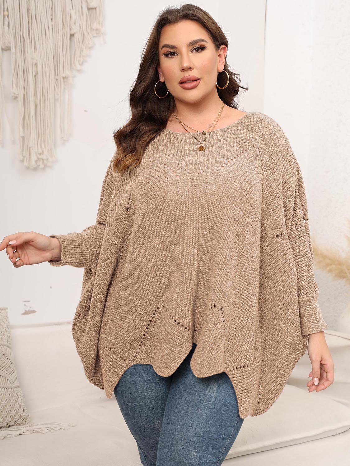Plus Size Round Neck Batwing Sleeve Sweater - The Goddess Galleries