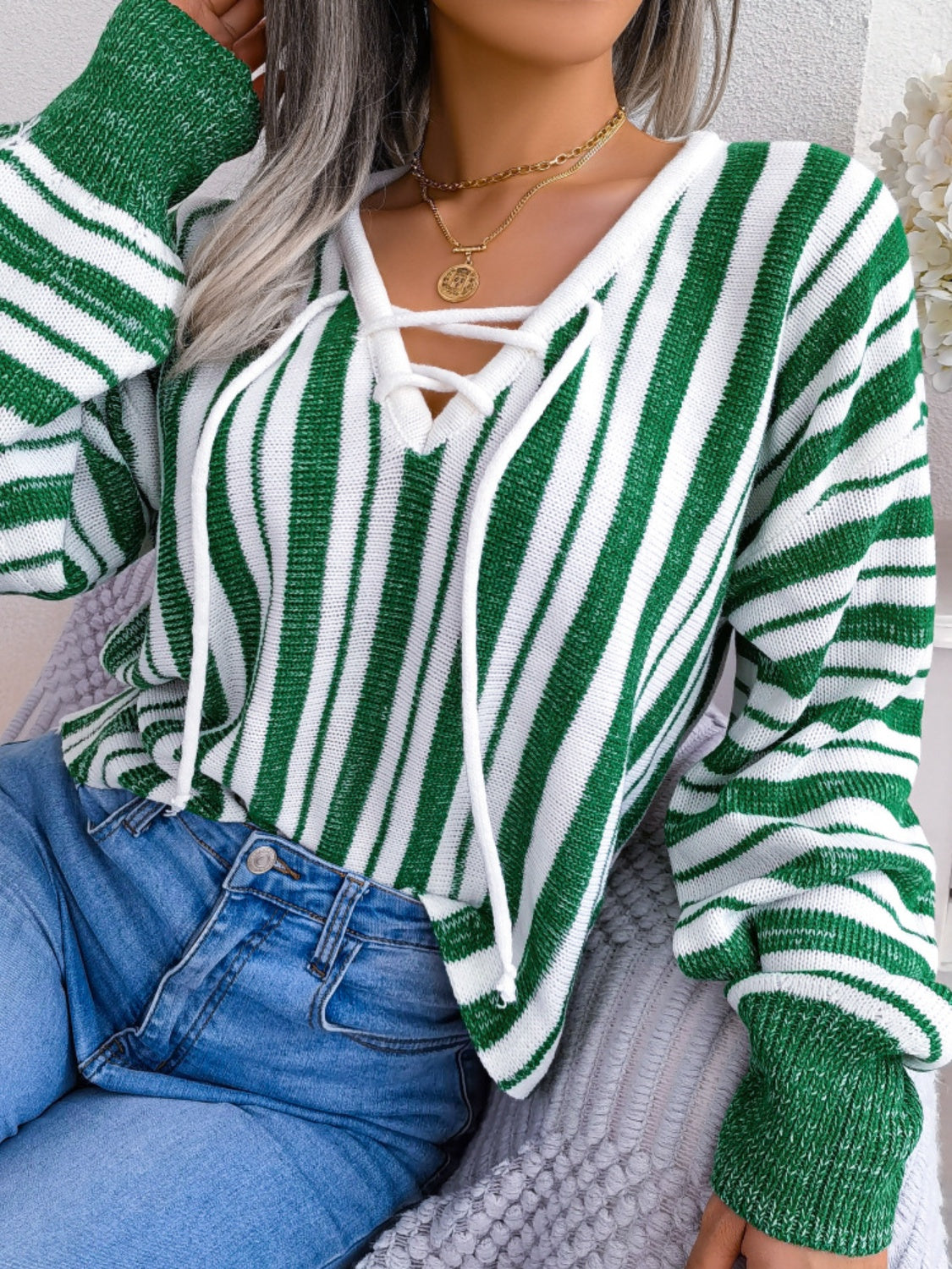 Striped Lace-Up Long Sleeve Sweater - The Goddess Galleries