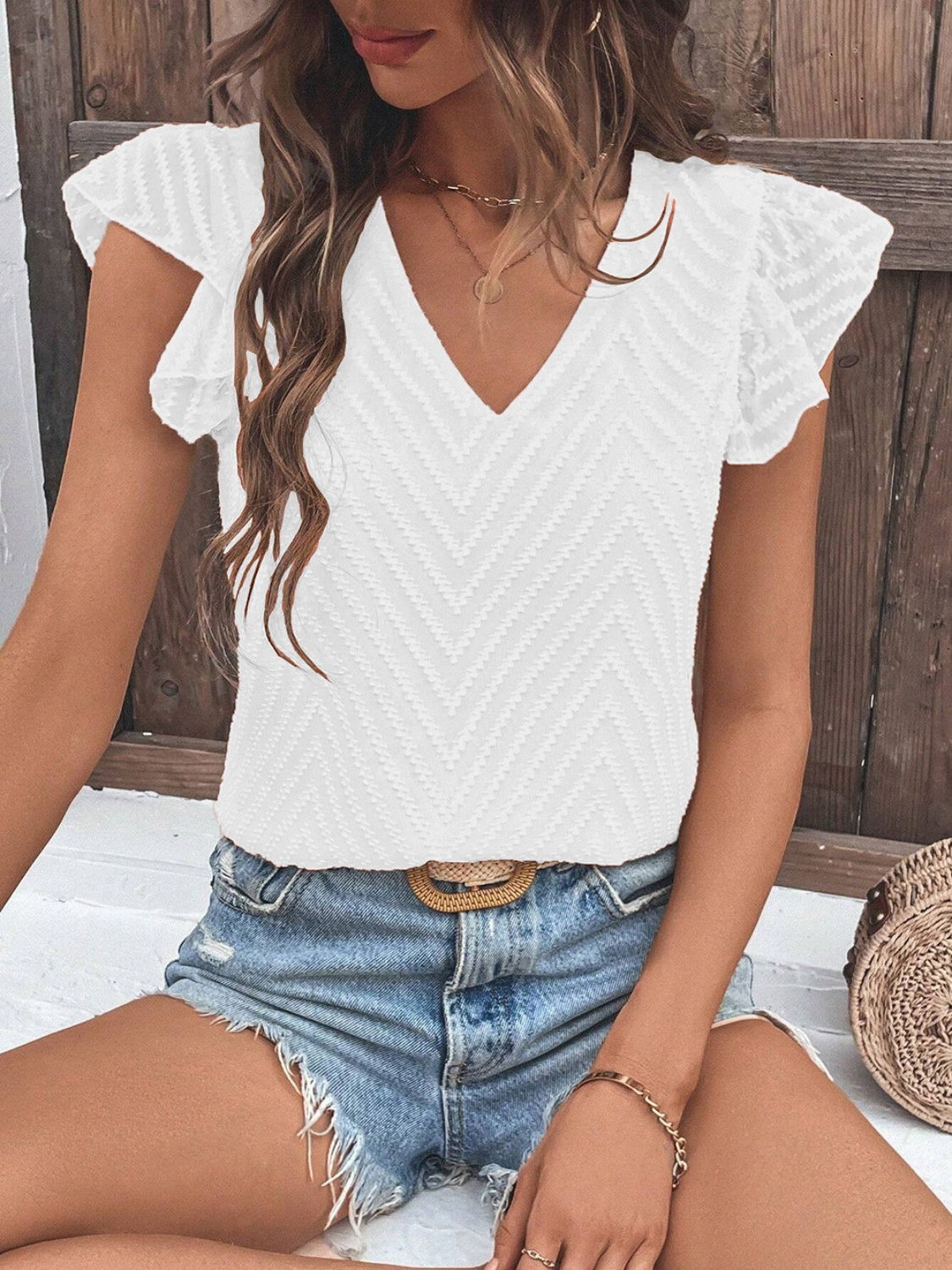 Textured V-Neck Cap Sleeve Blouse - The Goddess Galleries