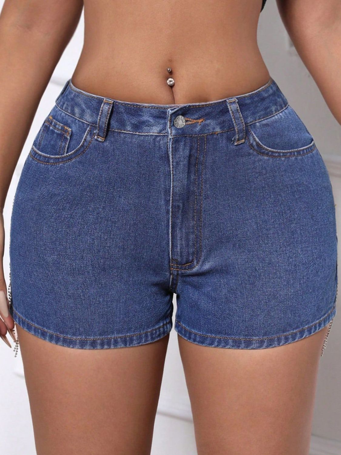 Fringe Back Denim Shorts with Pockets - The Goddess Galleries