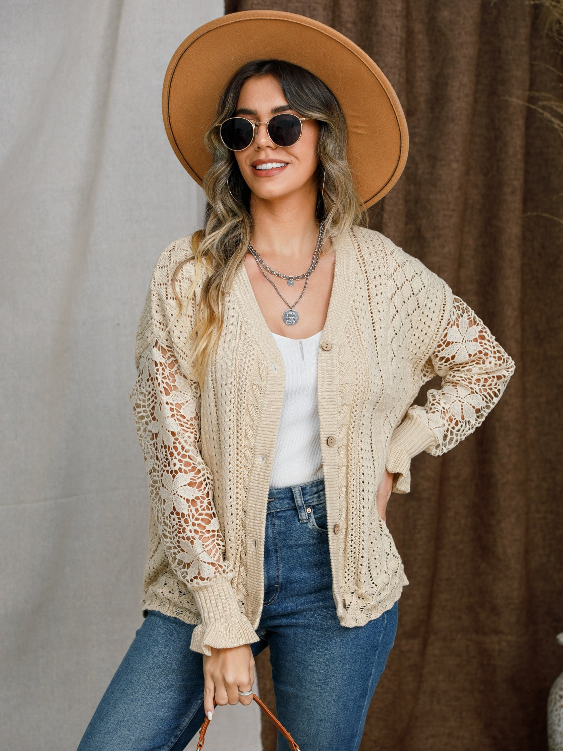 Eyelet Button Up Lantern Sleeve Cardigan - The Goddess Galleries