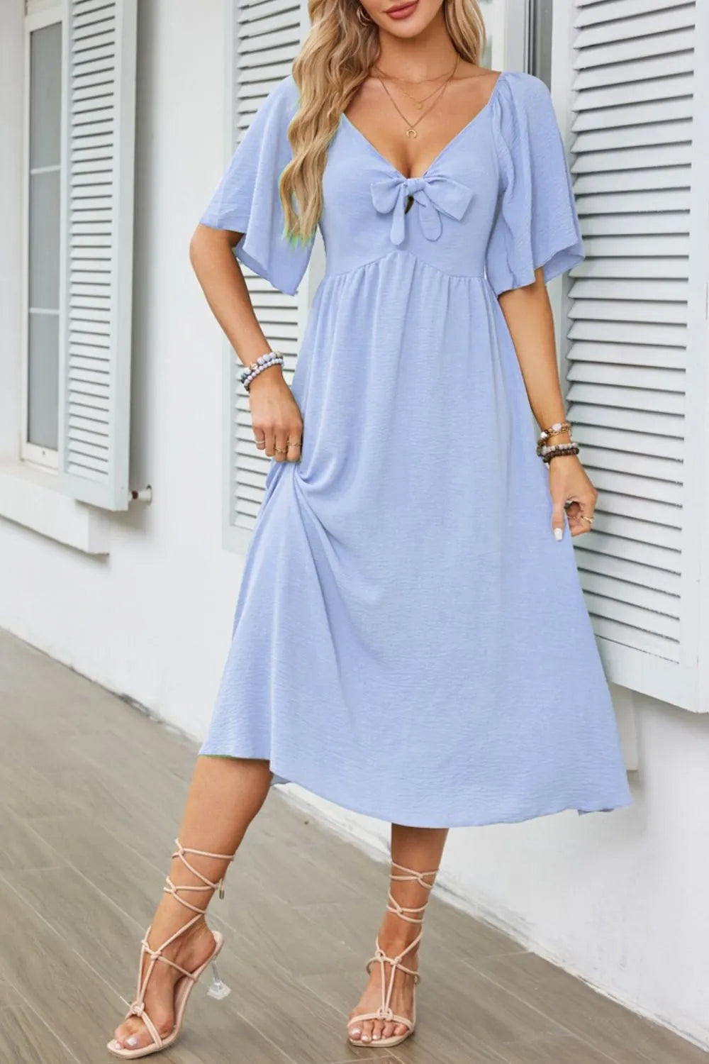 Smocked Tie Front Flutter Sleeve Midi Dress - The Goddess Galleries