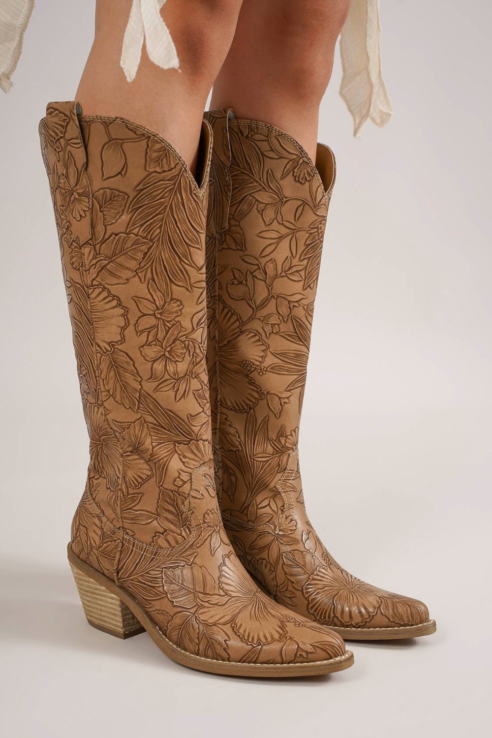 Beast Fashion Embossed Floral Point Toe Block Heel Boots - The Goddess Galleries
