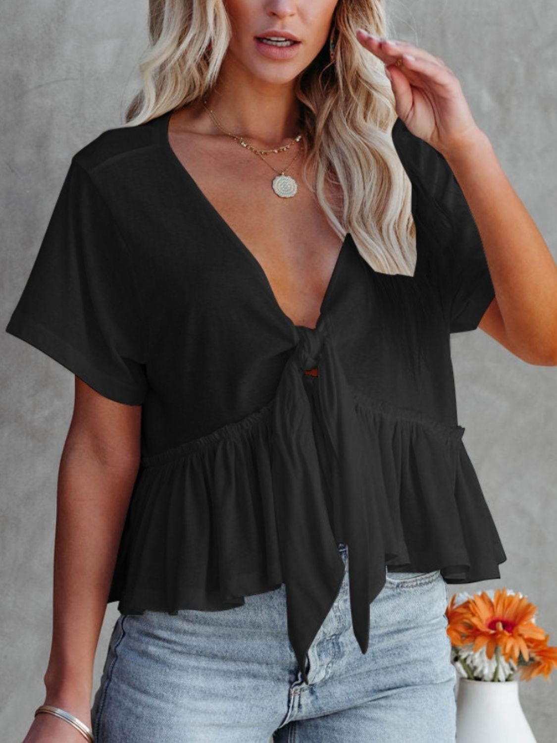 Tied Plunge Short Sleeve Blouse - The Goddess Galleries