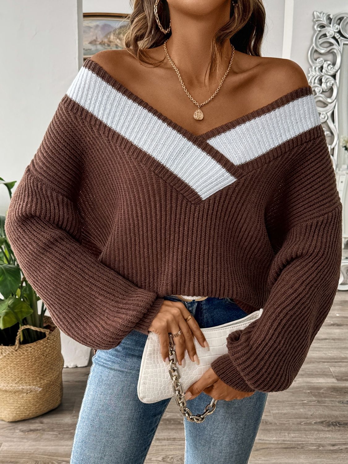 Contrast Dropped Shoulder Long Sleeve Sweater - The Goddess Galleries