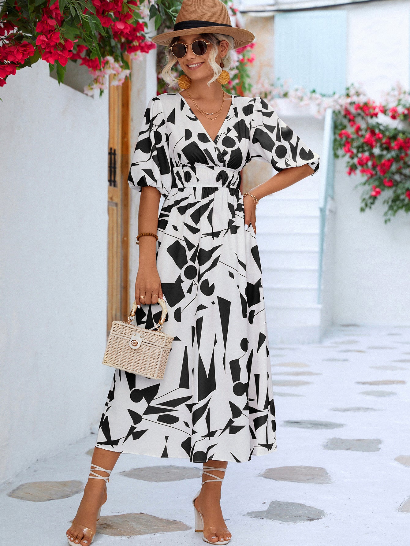 Printed Surplice Balloon Sleeve Dress - The Goddess Galleries