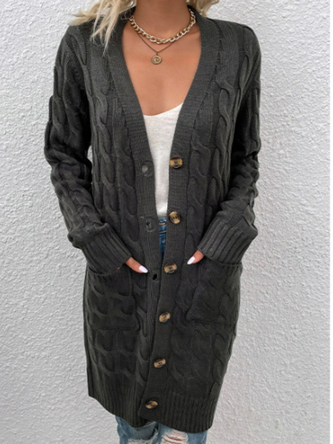 Cable-Knit Button Down Cardigan with Pockets - The Goddess Galleries