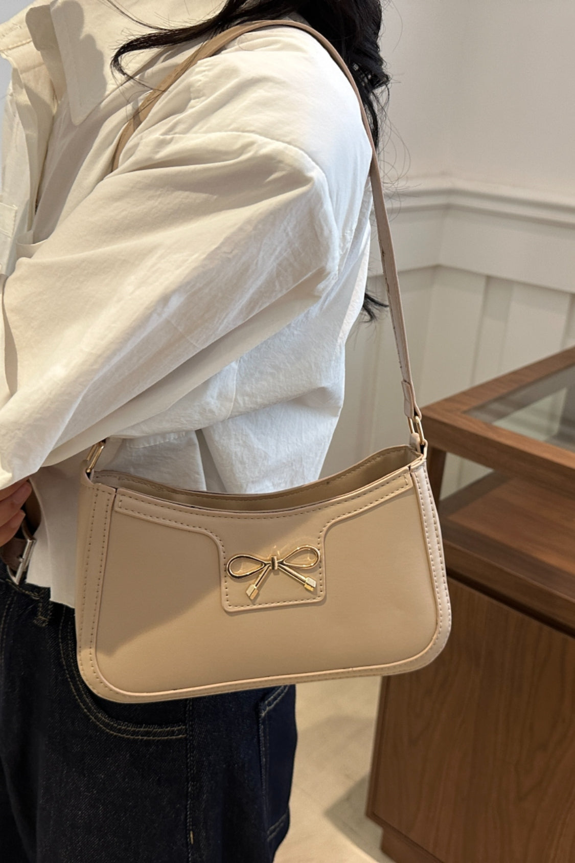 Bow Trim PU Leather Shoulder Bag - The Goddess Galleries