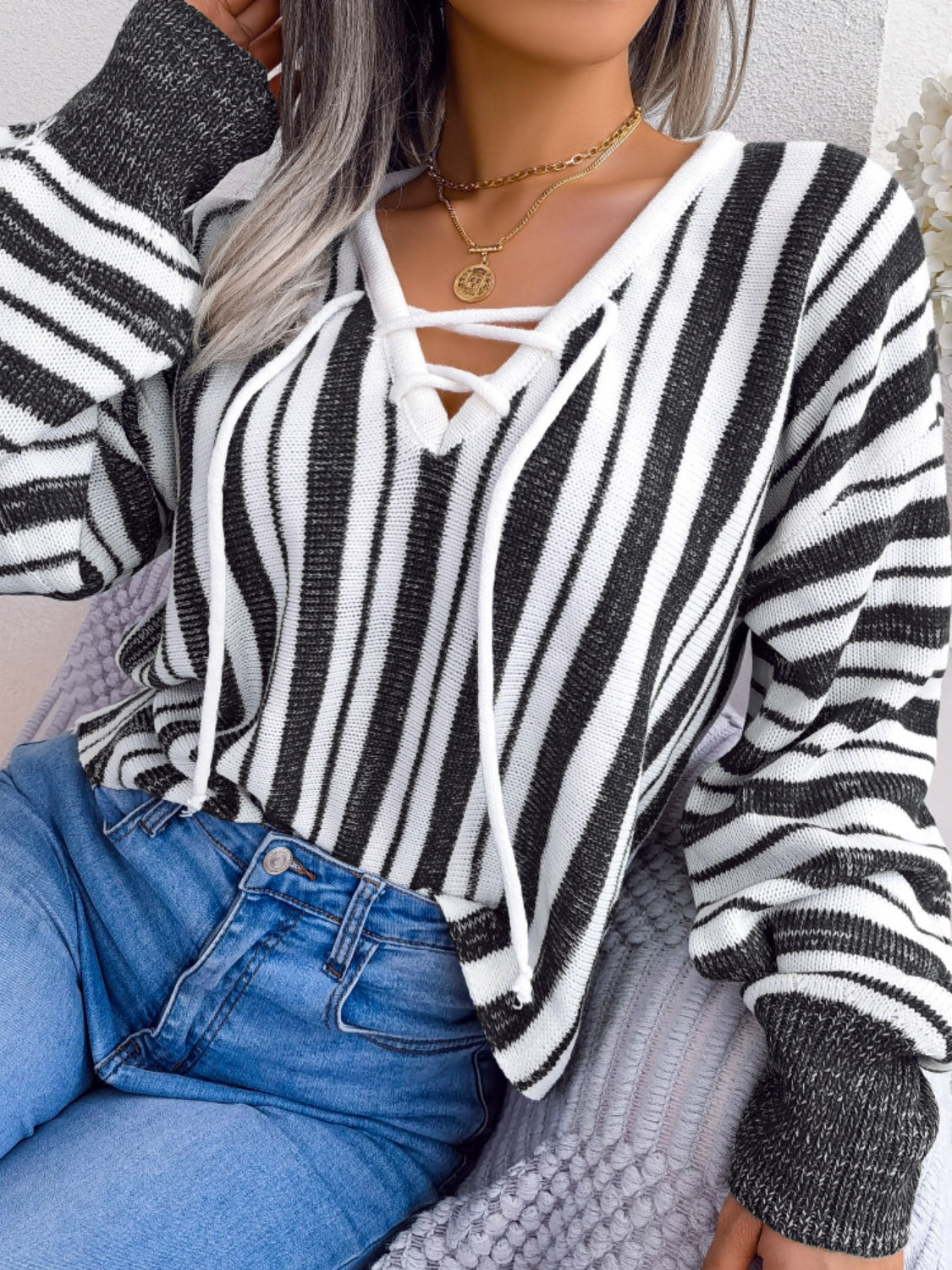 Striped Lace-Up Long Sleeve Sweater - The Goddess Galleries