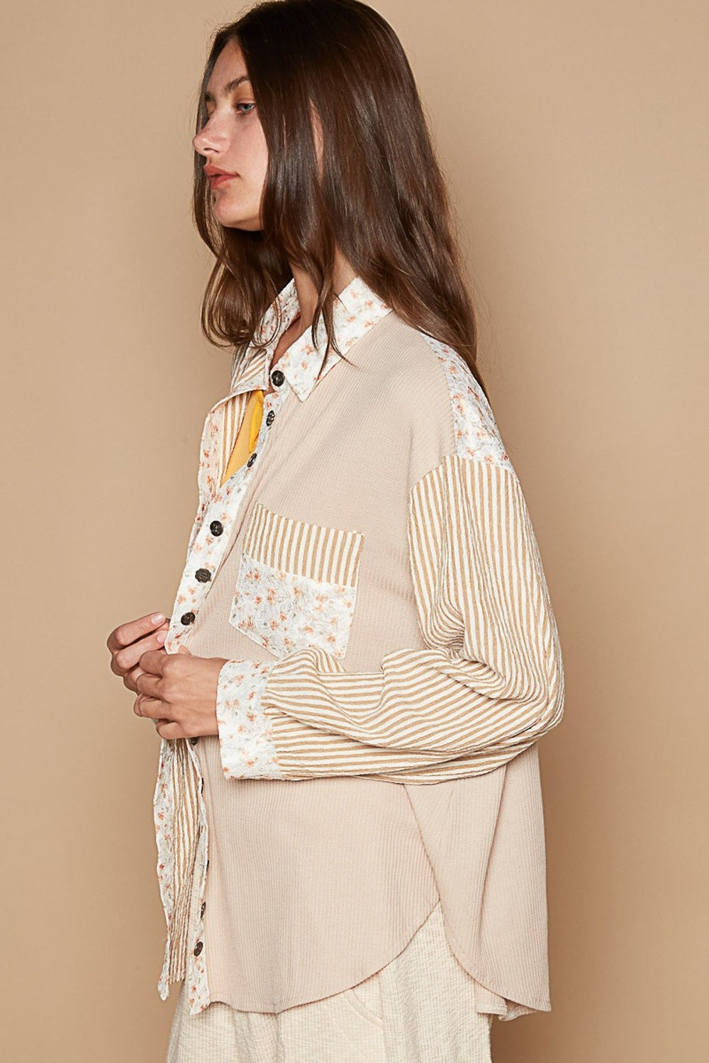 POL Long Sleeve Embroidered Print Patch Pocket Shirt - The Goddess Galleries