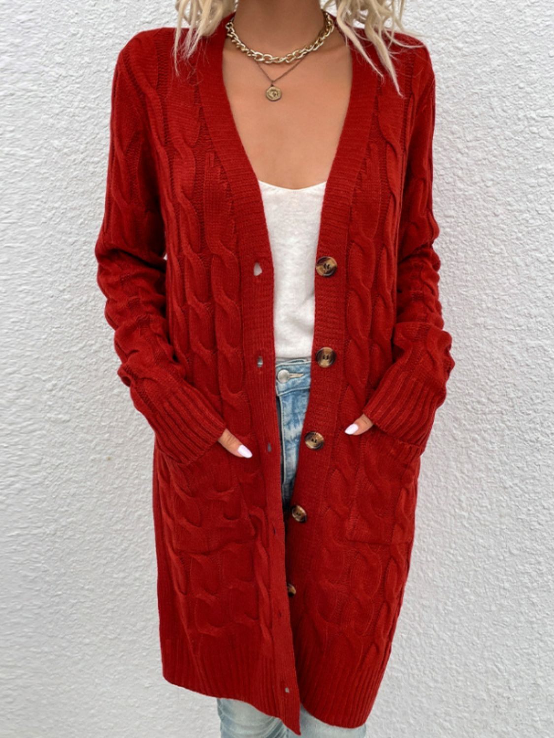 Cable-Knit Button Down Cardigan with Pockets - The Goddess Galleries