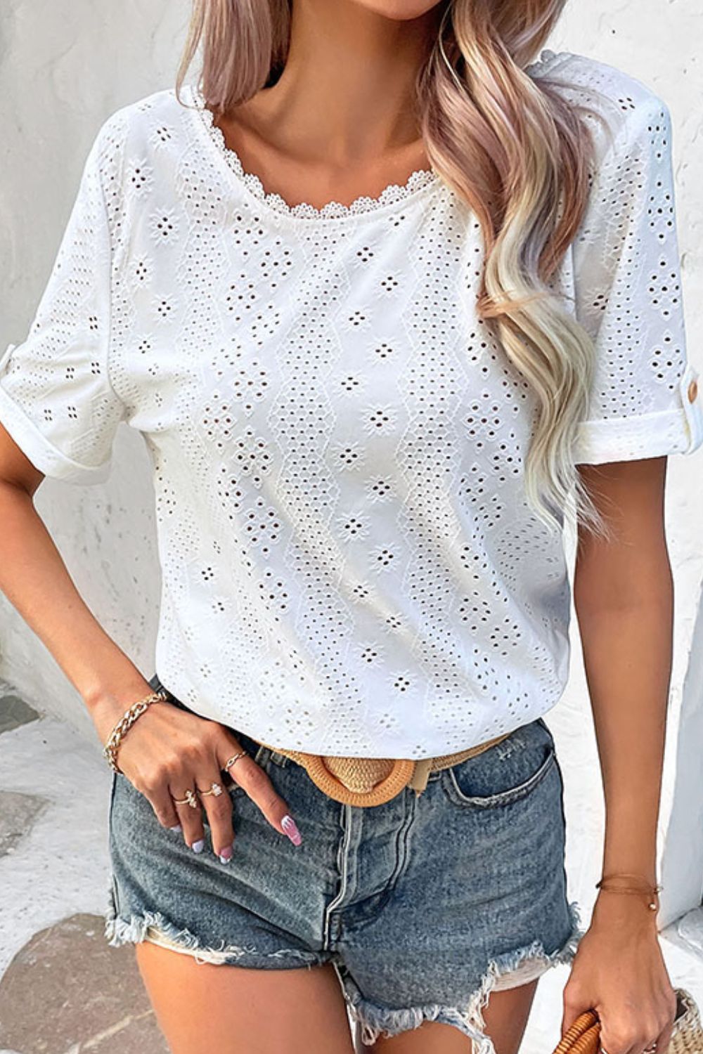 Perfee Eyelet Short Sleeve Double-Sided Shirt - The Goddess Galleries