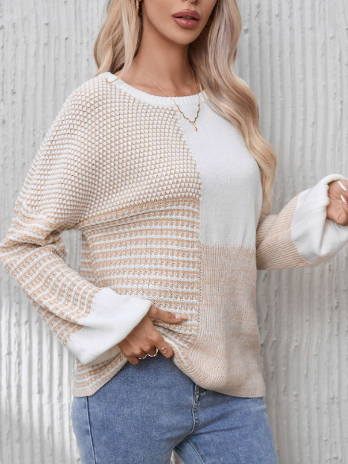 Contrast Round Neck Long Sleeve Sweater - The Goddess Galleries